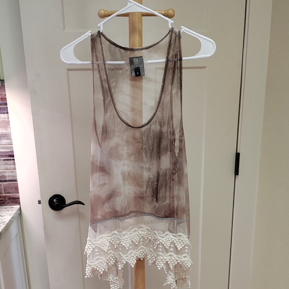 Sympli Brown and Cream Lace Hem Tank Top
